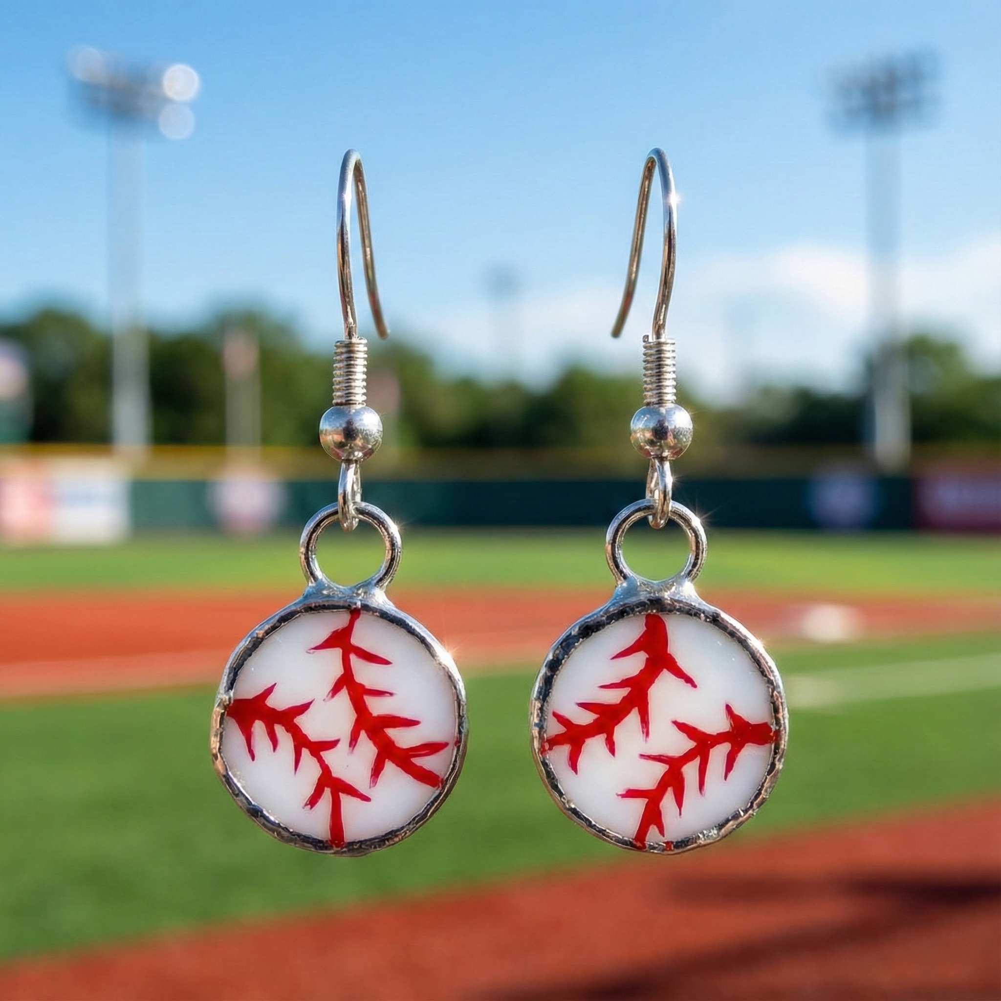 Baseball-themed stained glass earrings with red stitching on a blurred baseball field background