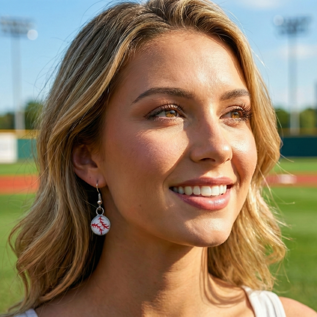 Woman with stained glass baseball earrings on a sports field