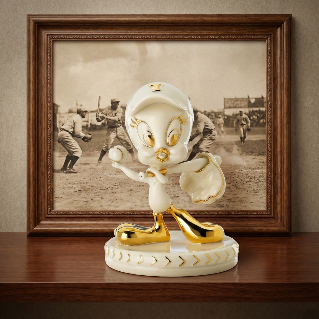 Statue of a cartoon character holding a baseball in front of a framed black and white photo of a baseball game.
