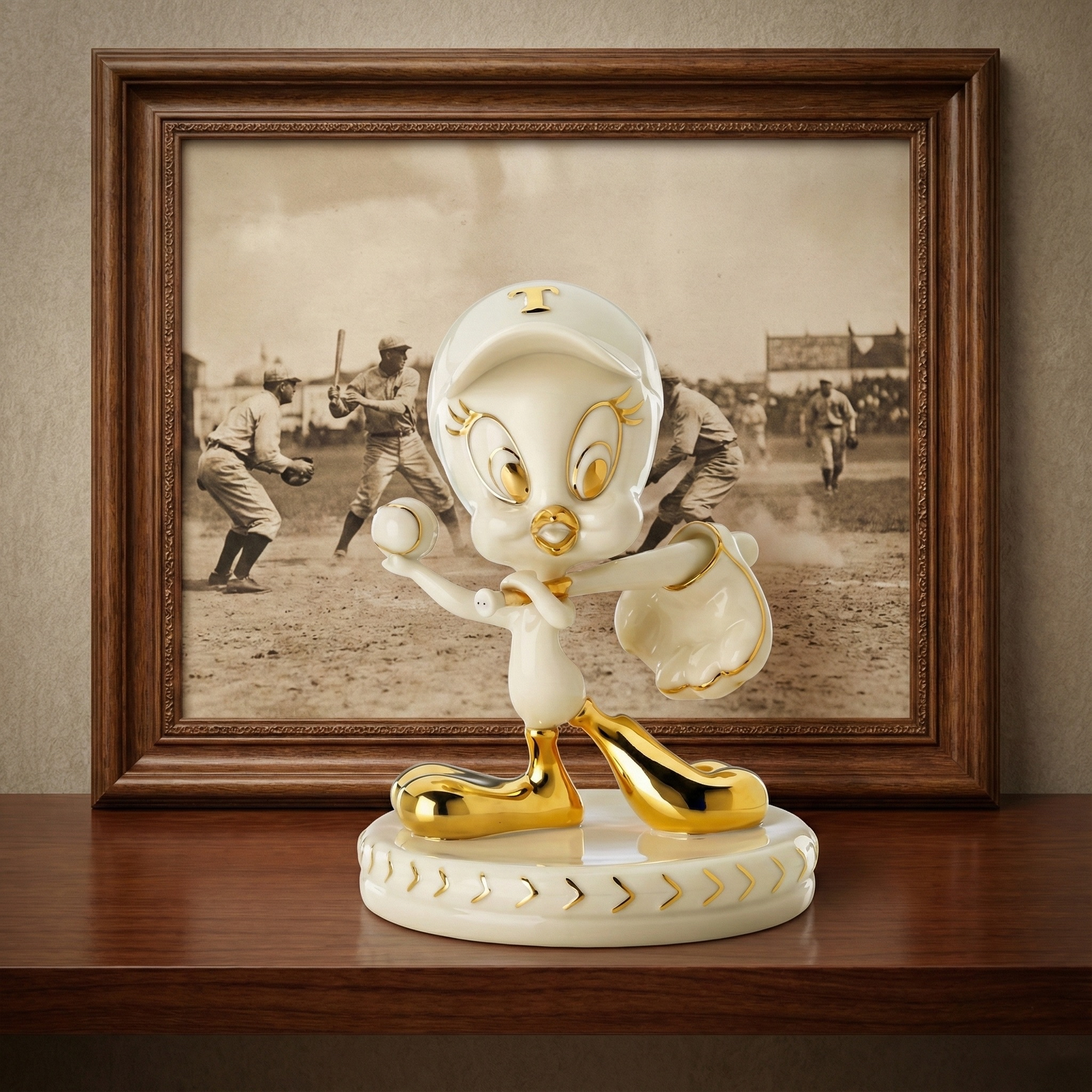 Statue of a cartoon character holding a baseball in front of a framed black and white photo of a baseball game.