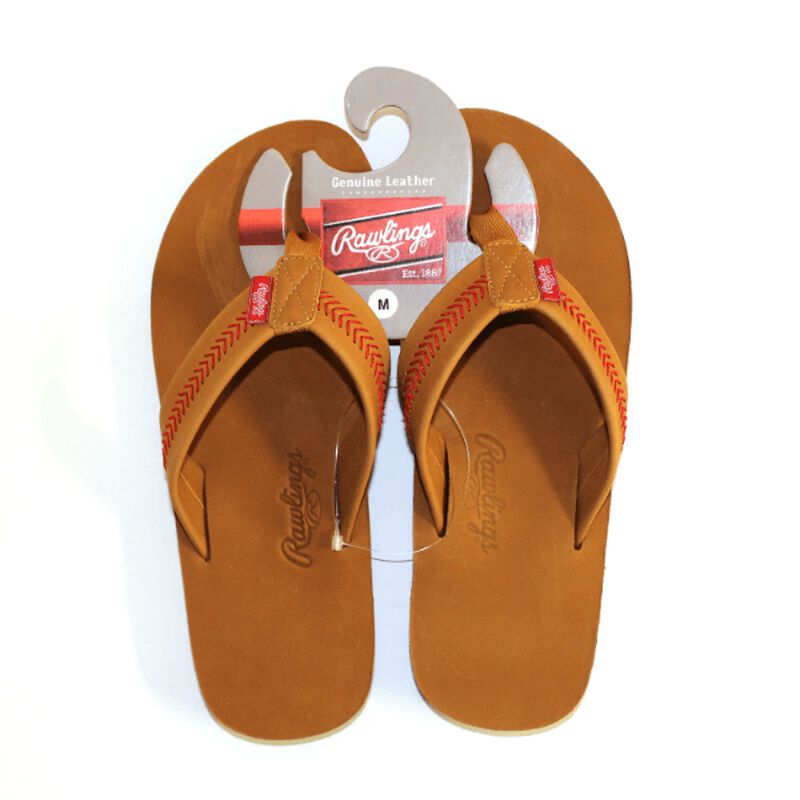 Pair of brown sandals with red stitching on a white background, featuring the Rawlings brand.