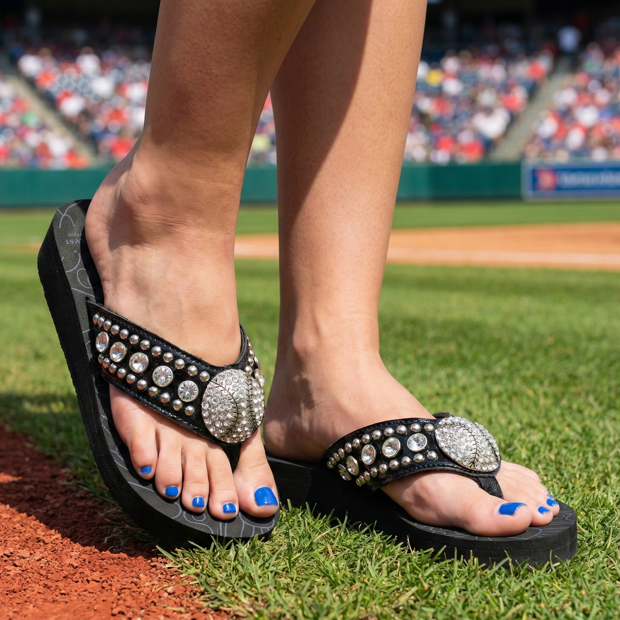black baseball flip flop sandals at the ballpark 