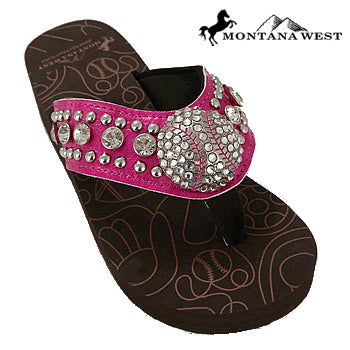 Pink baseball sandal with rhinestone embellishments on a white background, featuring the Montana West logo.