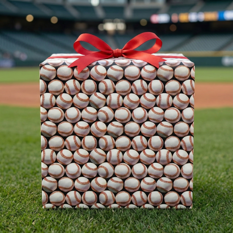 baseball gift wrapped present in the stadium outfield grass