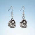 Pair of silver baseball glove earrings on a light blue background