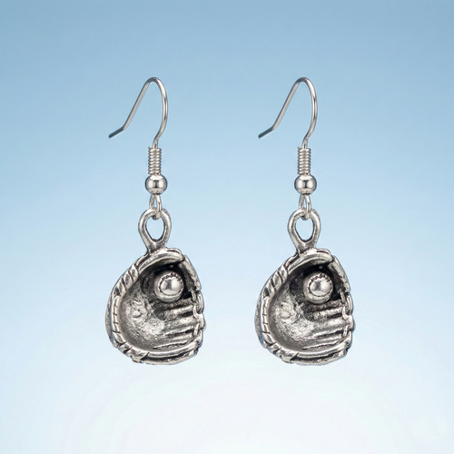 Pair of silver baseball glove earrings on a light blue background