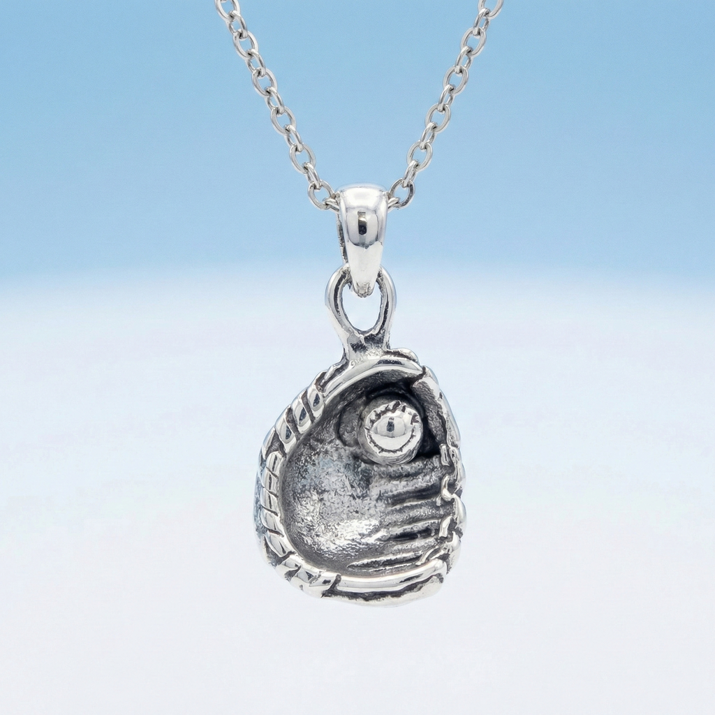 Silver pendant with baseball glove design on a light blue background
