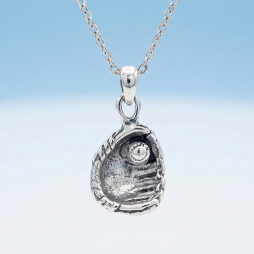 Silver pendant with baseball glove design on a light blue background