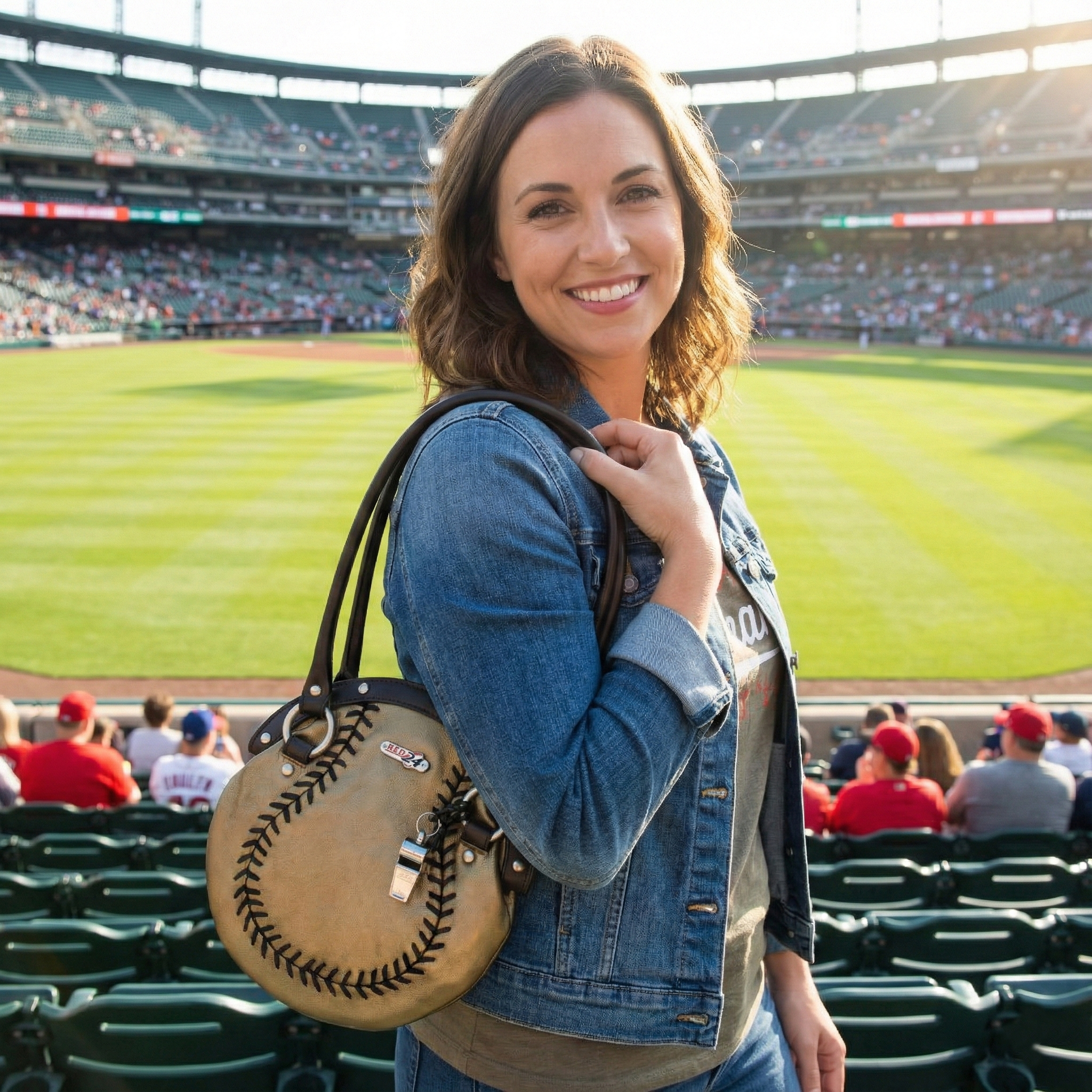 Woman with a baseball-themed gold  leather handbag at a stadium