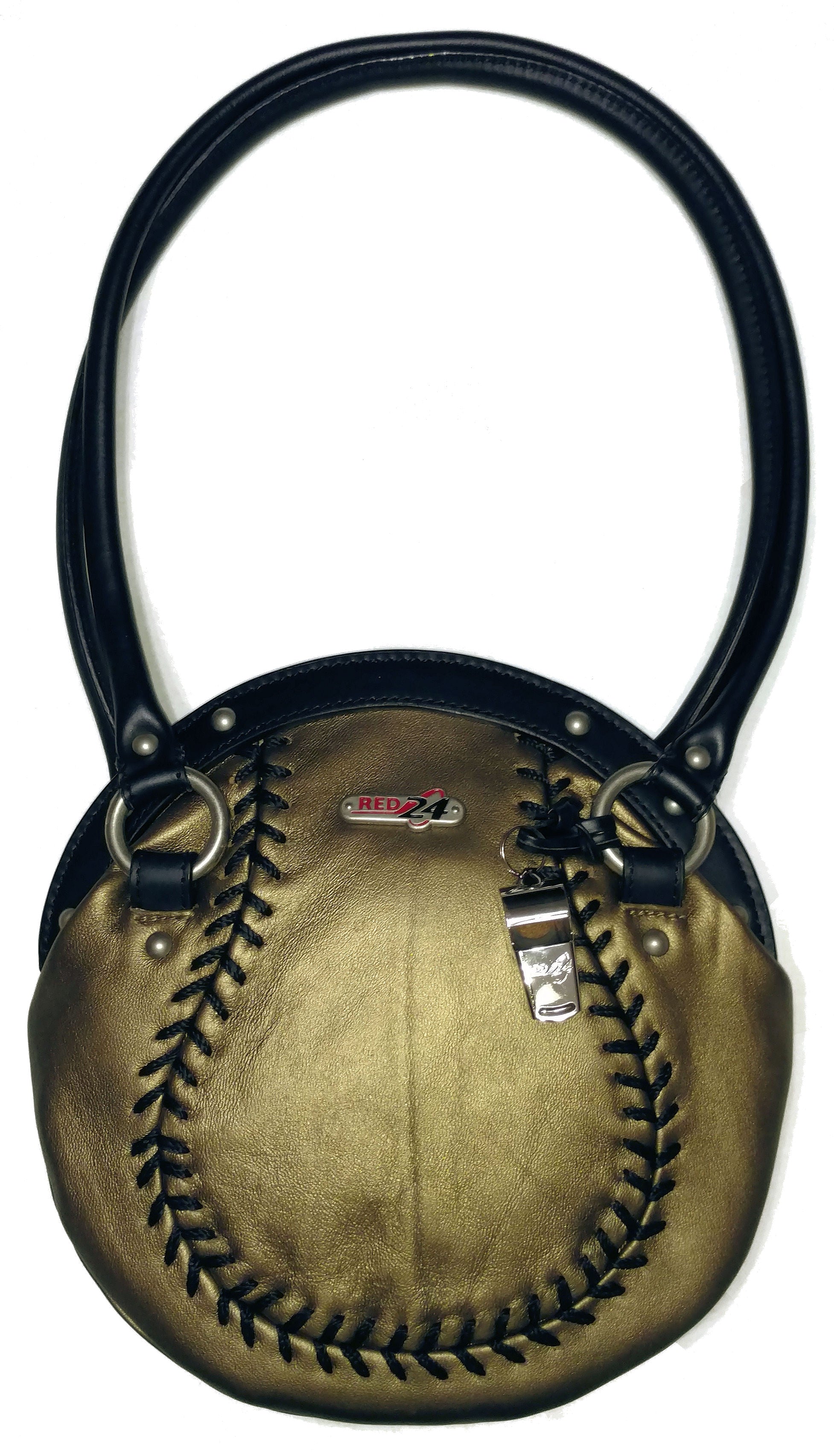 Baseball-shaped gold leather handbag with black stitching on a white background