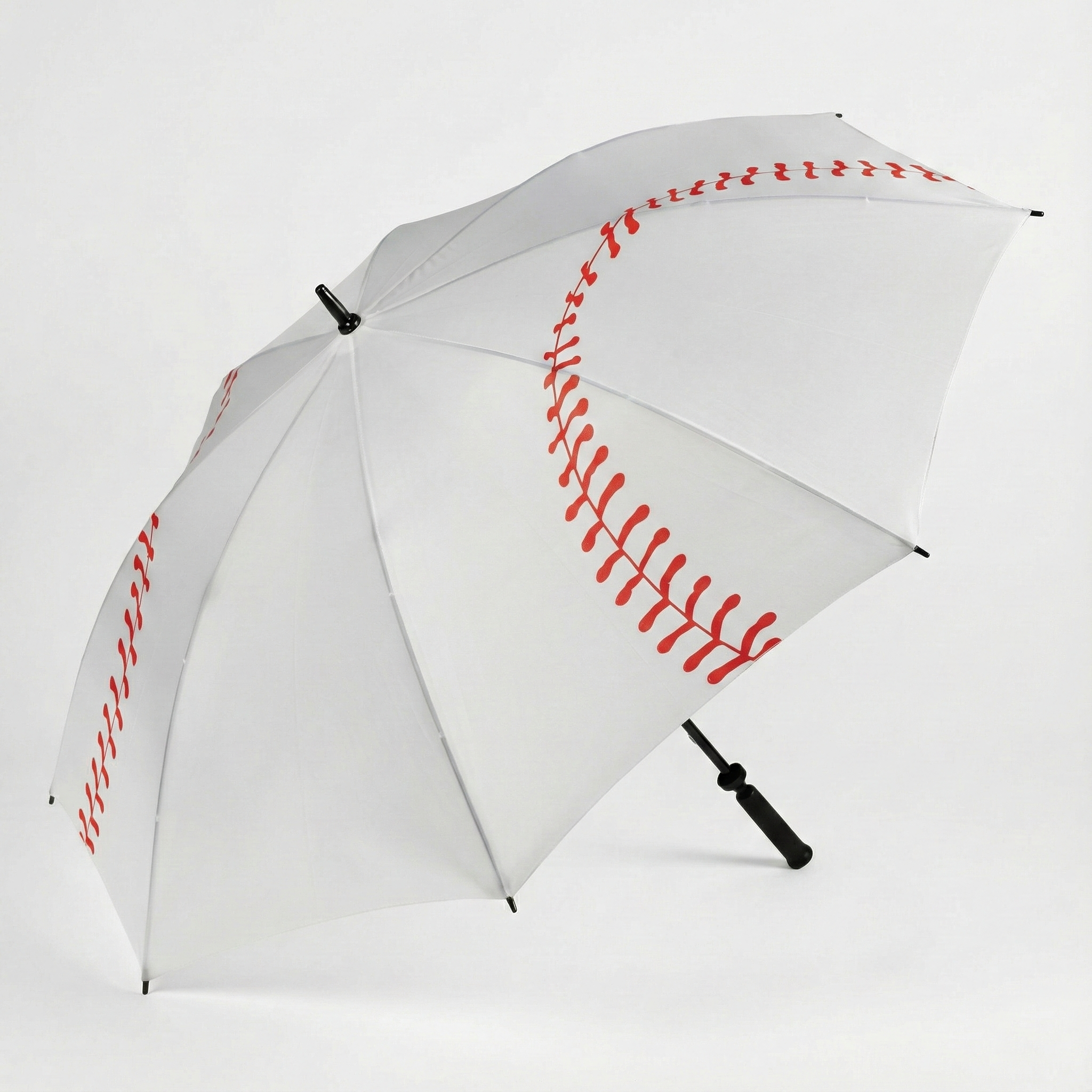 White baseball umbrella with red stitching design on a white background