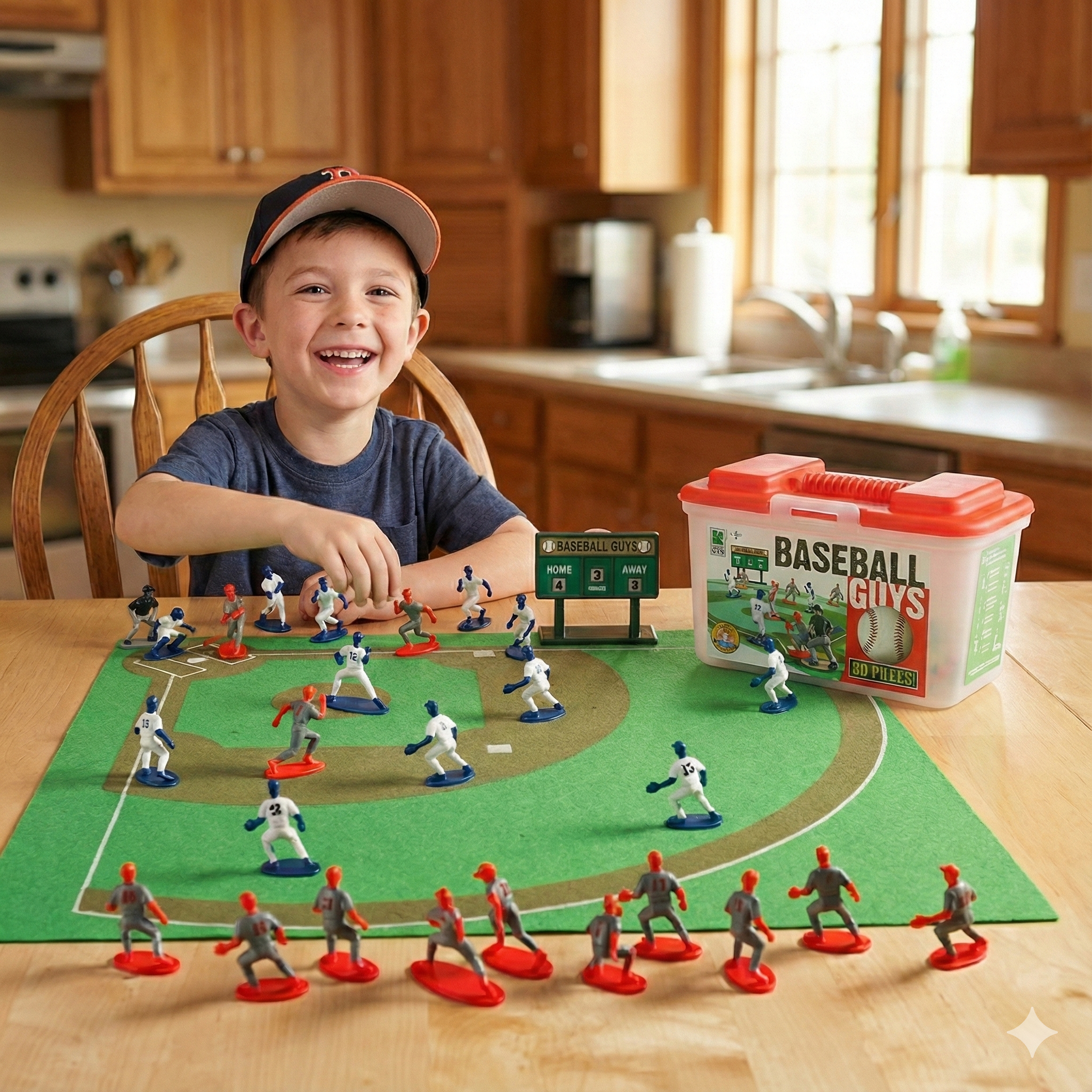 Child playing with a baseball guys toy set on a kitchen table