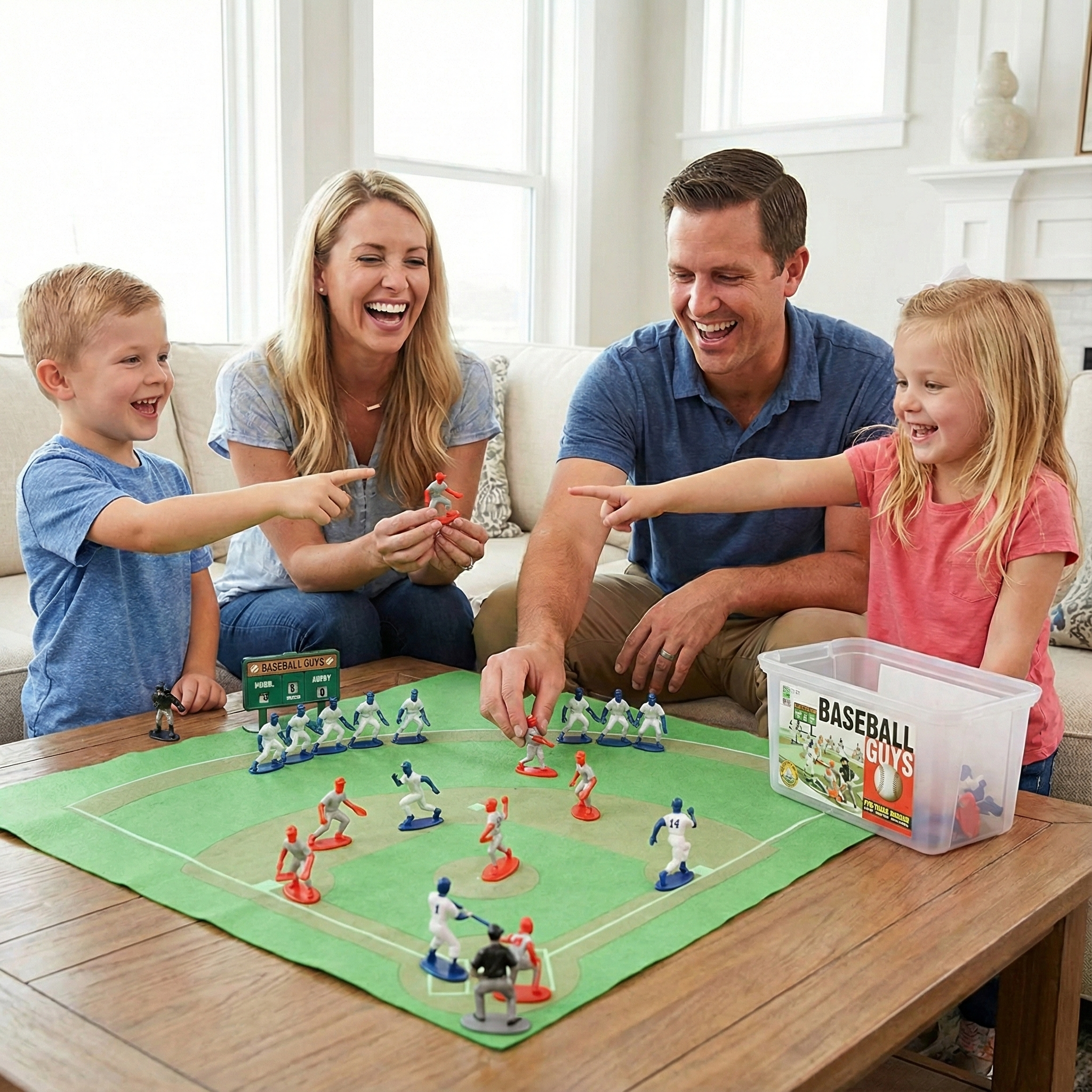 Family playing baseball guys board game with toy figures on a living room floor.