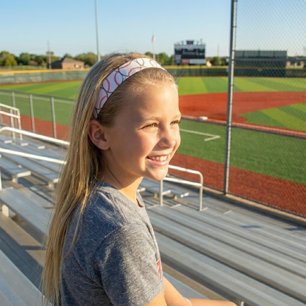 Young girl sitting in bleachers at a baseball field, wearing a headband with a baseball design.