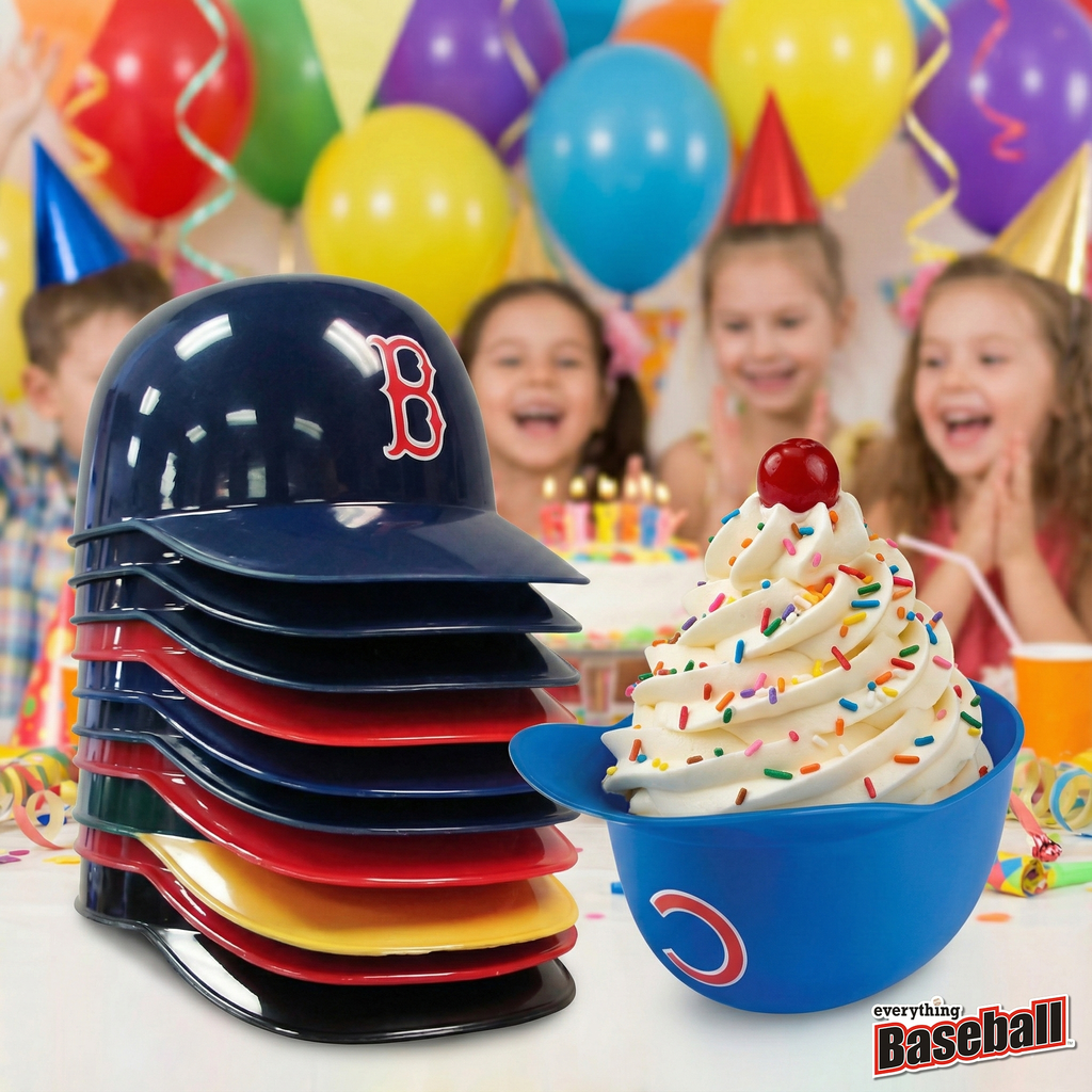 kids baseball party with MLB team ice cream helmets dessert bowls