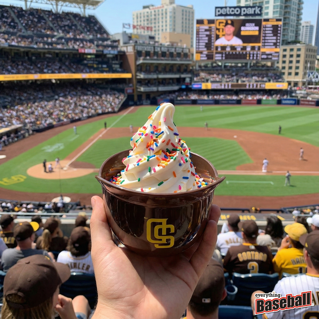 Ice cream cone with sprinkles held up in front of a baseball game at Petco Park