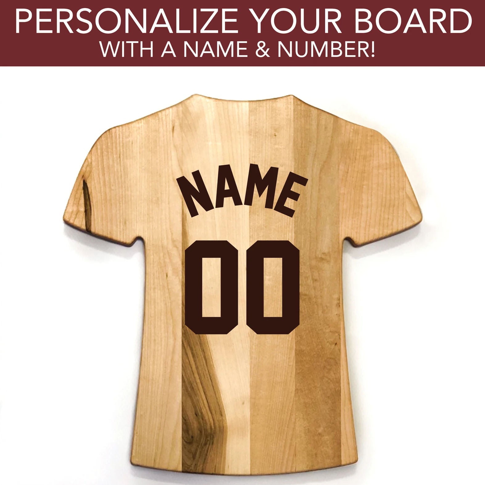 Wooden cutting board shaped like a baseball jersey with 'NAME' and '00' printed on it, against a white background.