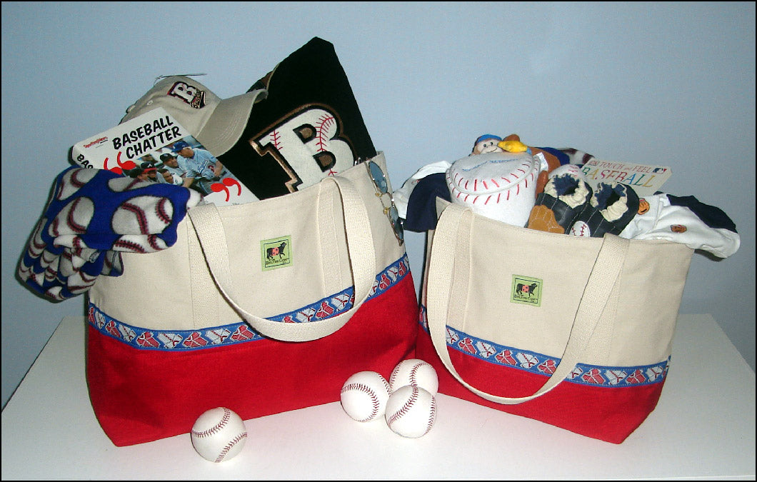 Two canvas tote bags with baseball-themed items including balls and hats on a light blue background.