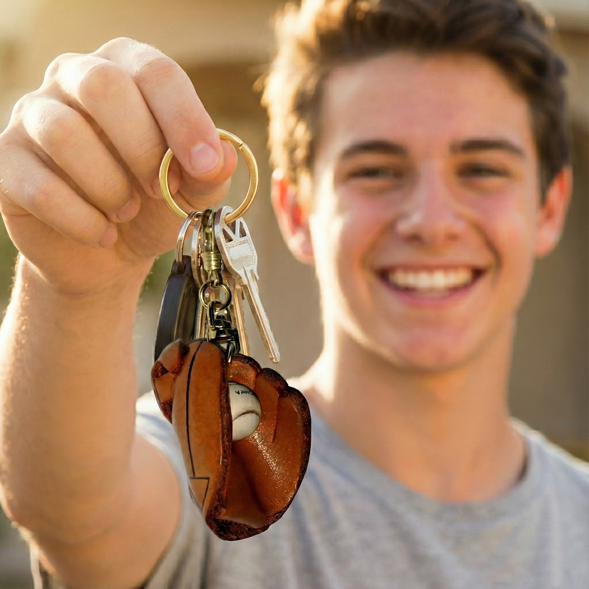 Person holding a keychain with a baseball and glove design, smiling outdoors.