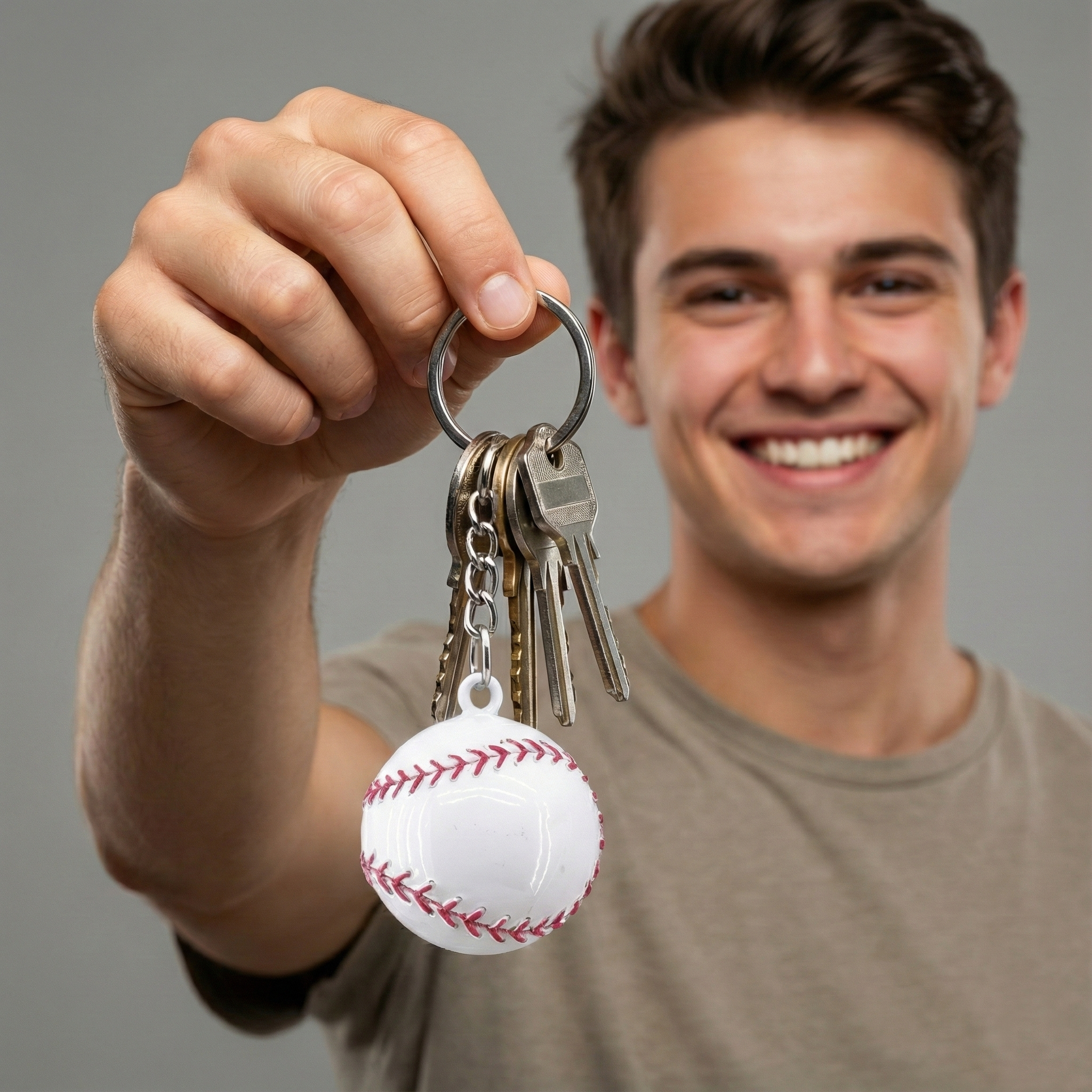 Man holding a keychain with a baseball design against a gray background