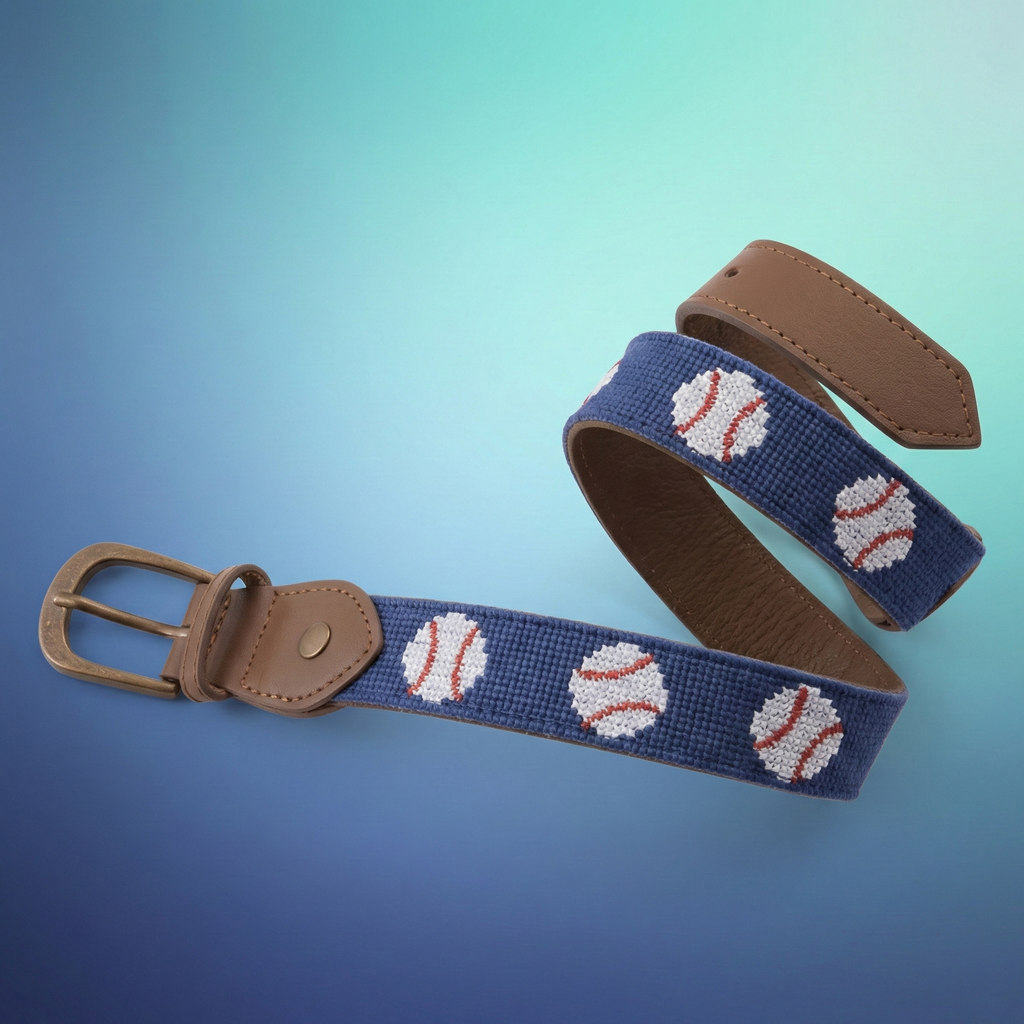 Needlepoint Leather Baseball Belt on blue gradient background