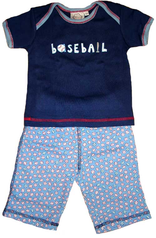 Navy blue shirt with 'Baseball' text and light blue floral pants on a white background