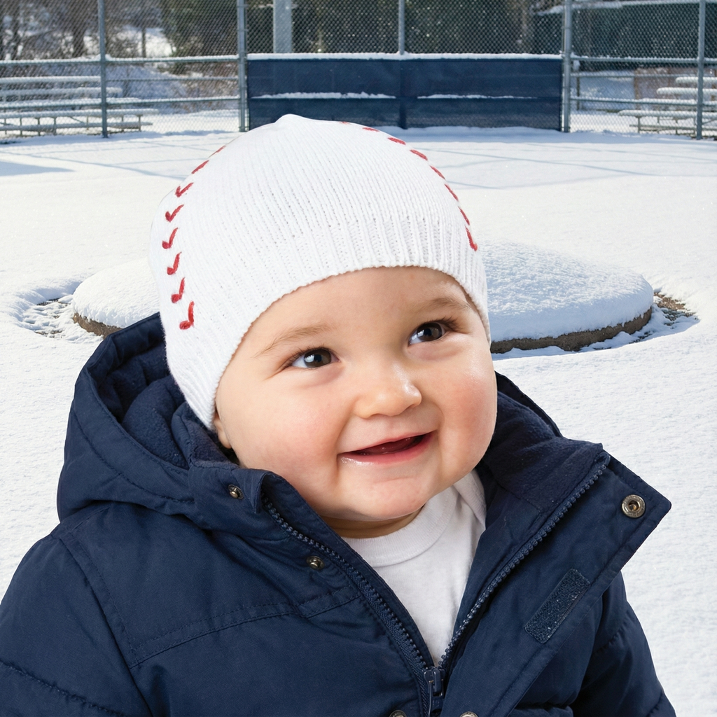 Child wearing a white knit hat with red baseball stitches and a navy coat in a snowy outdoor setting.