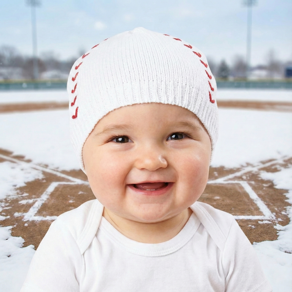 Child wearing a white knit hat with red baseball accents outdoors on a snowy day