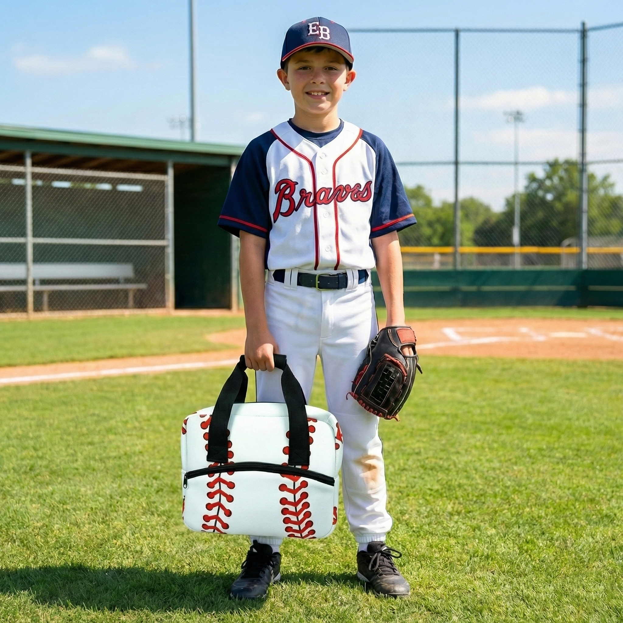 Baseball player holding laces mini duffel bag