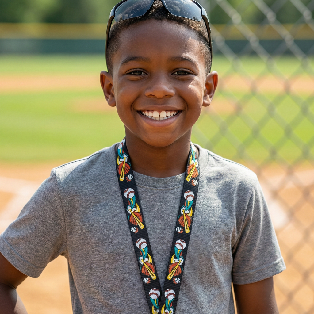 Child with a colorful baseball lanyard around their neck, standing on a baseball field.