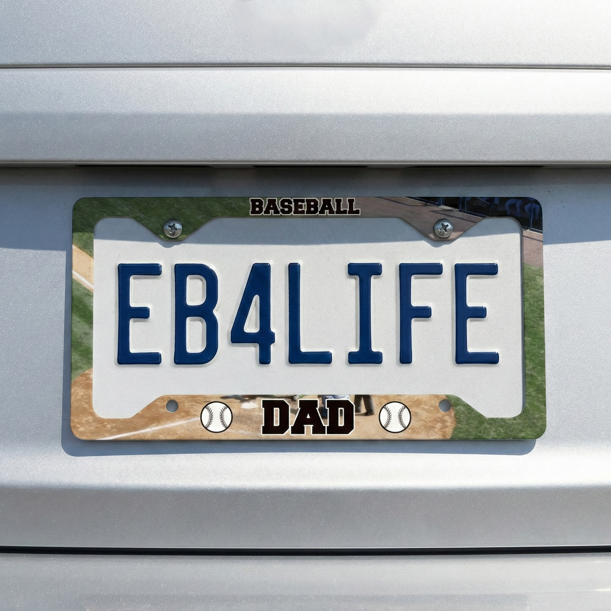 License plate frame with Baseball Dad on a car