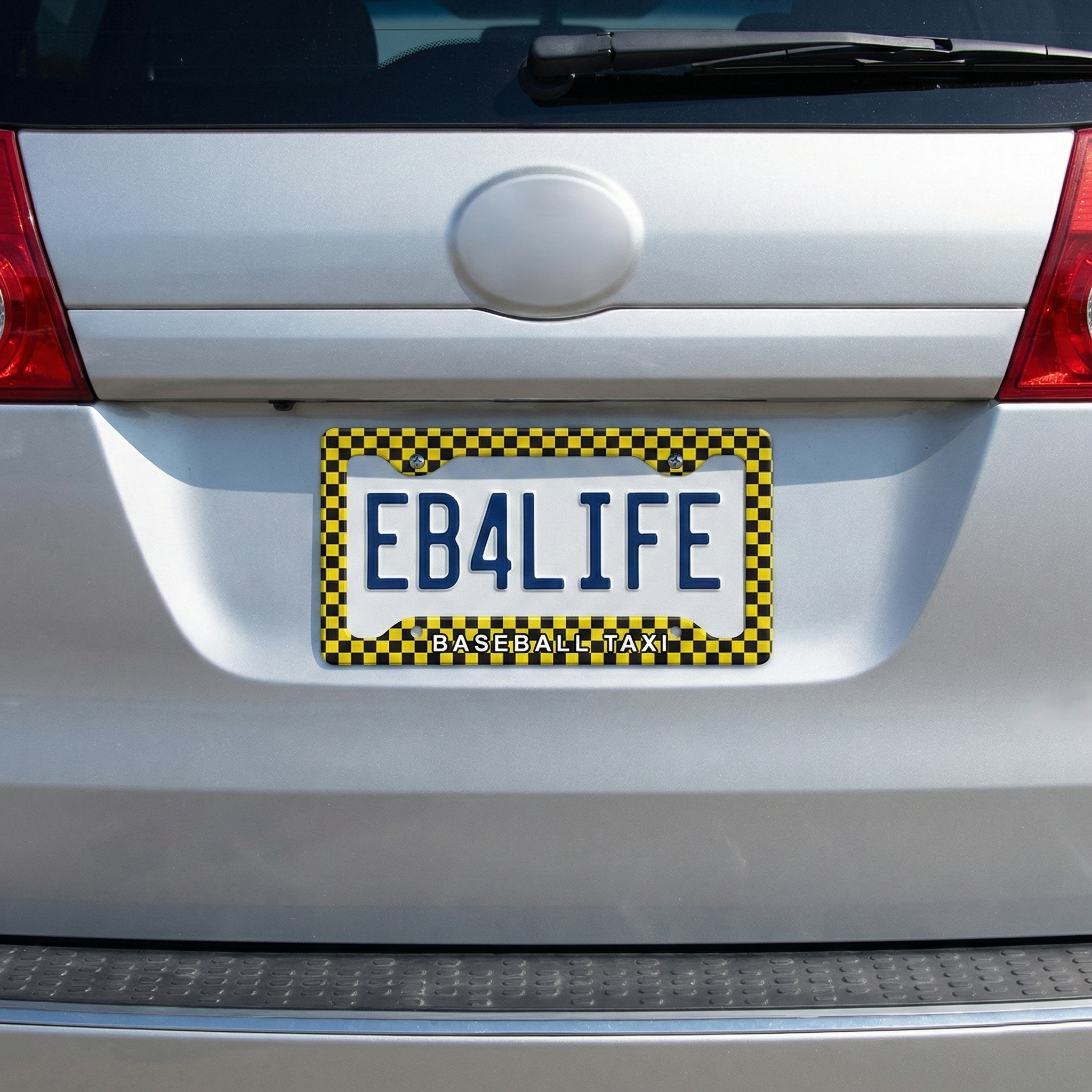 Car license plate with 'EB4LIFE' text on a Baseball Taxi checkered frame, attached to a vehicle.