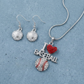 Necklace and earrings set with 'I ❤️ BASEBALL' pendant on a blue background