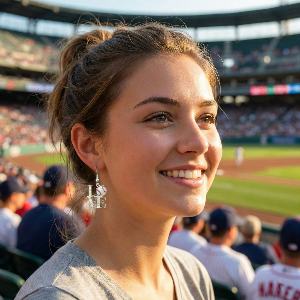 baseball love dangle earrings on a girl at the ballpark on a nice day. 