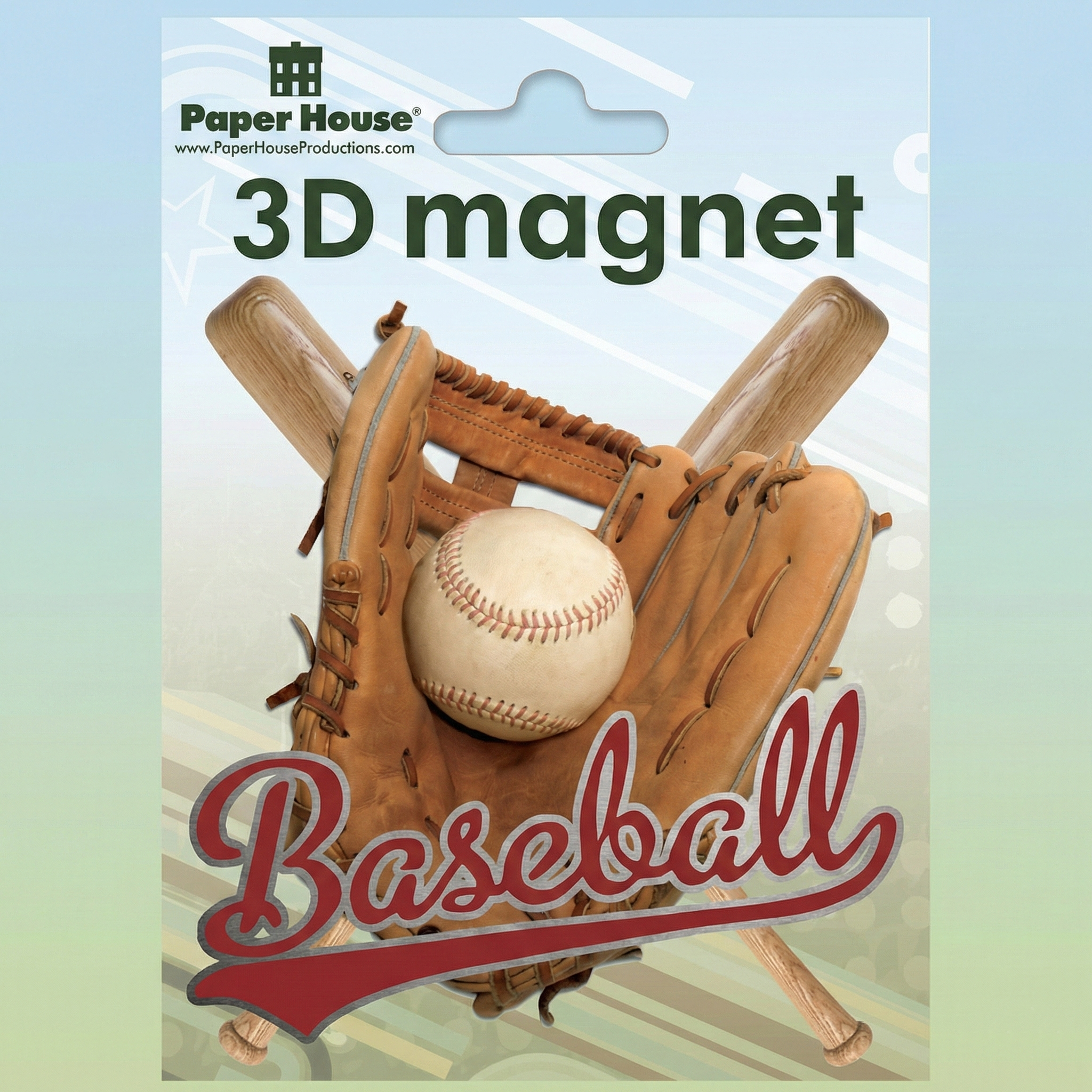 3D magnet packaging with baseball glove, ball, and bat on a light blue background