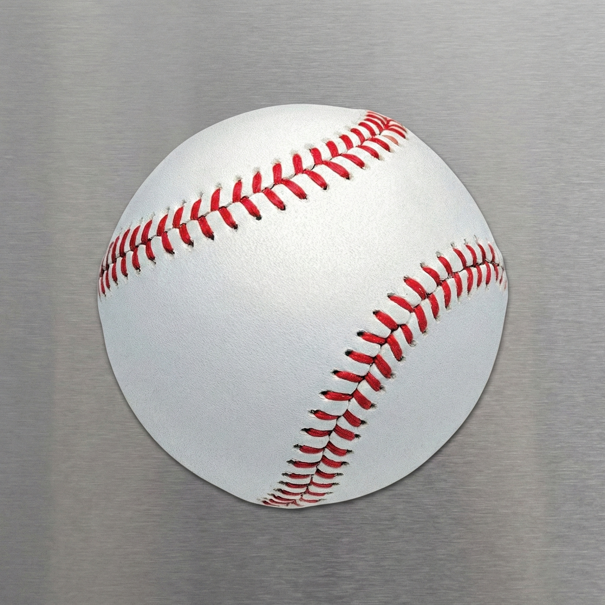 Baseball magnet with red stitching on a metallic background