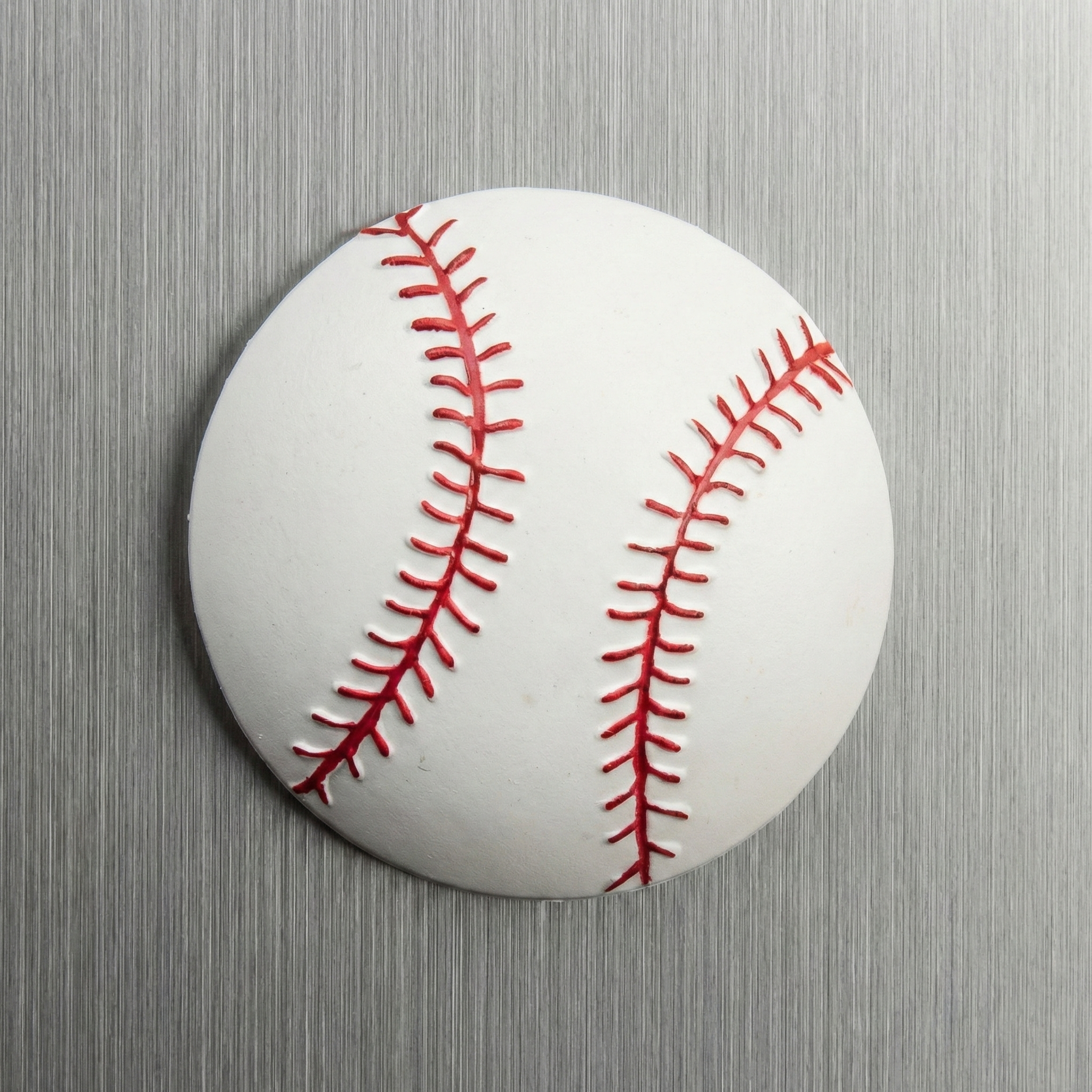 Rubber baseball magnet with red stitching on a textured gray background