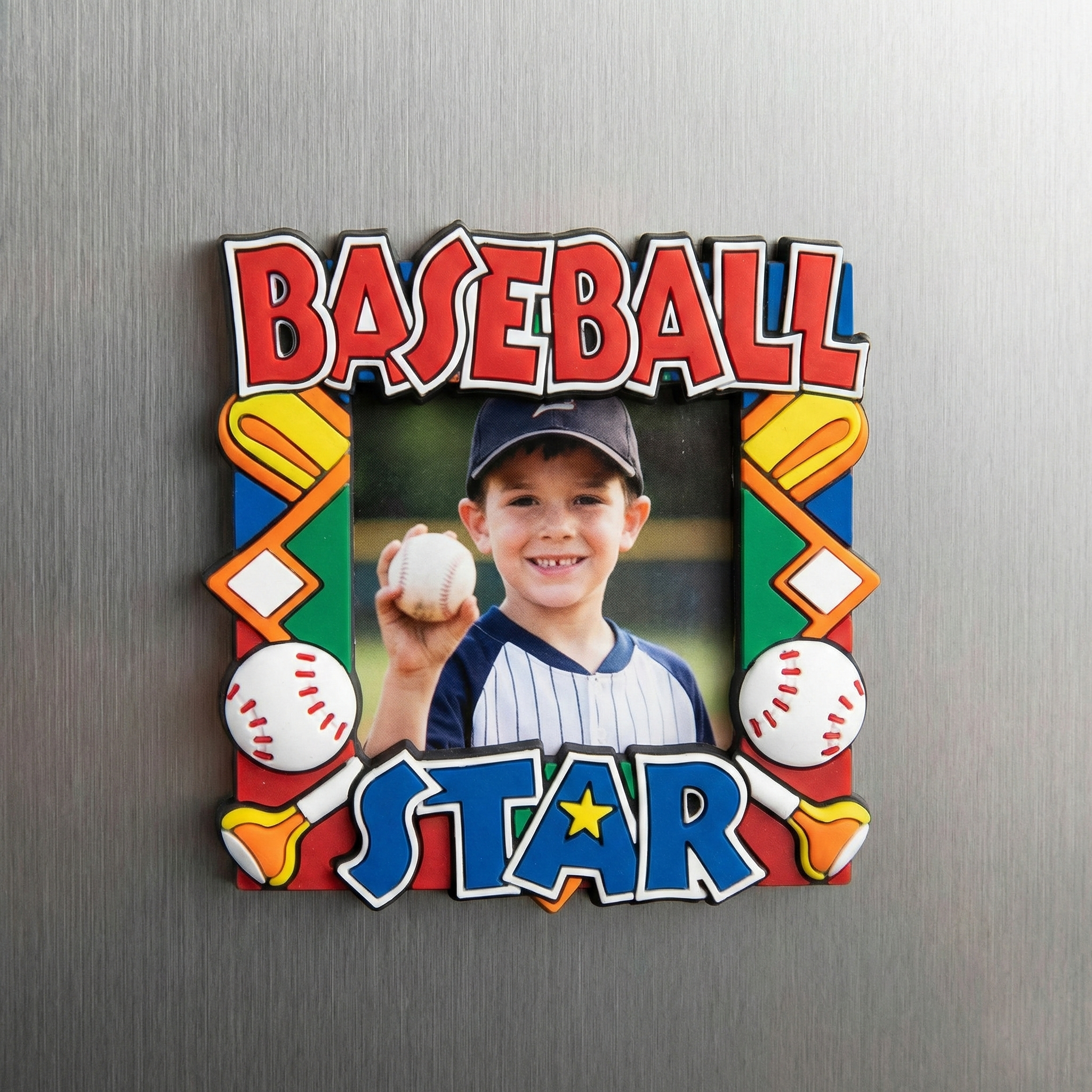 Fridge magnet with a child holding a baseball and the text 'Baseball Star' on a metallic surface.