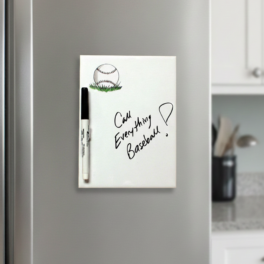 Hand painted baseball magnetic tile dry erase board with 'Call Everything Baseball!' on a refrigerator door in a kitchen setting.