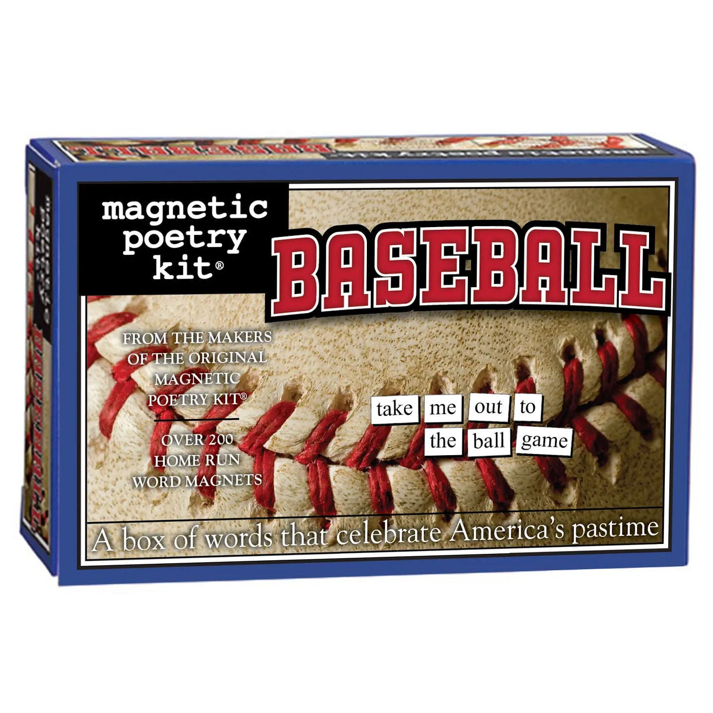 Baseball magnetic poetry kit packaging with text and imagery of a baseball.