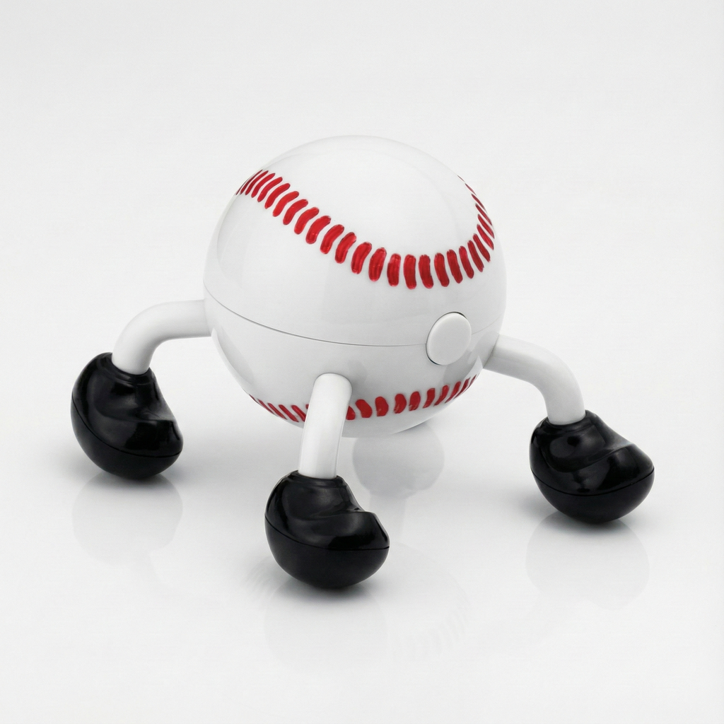 Baseball-shaped electric massager on a white background