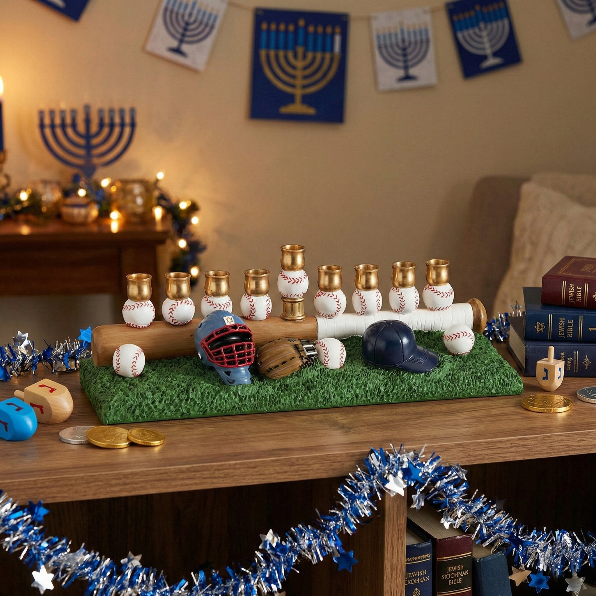 Baseball-themed menorah with Jewish sports-themed decorations on a table.