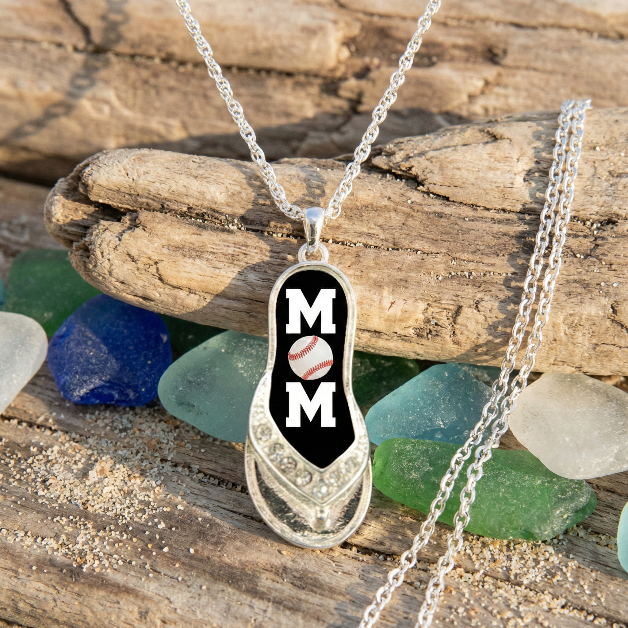 baseball mom flip flop necklace by sea glass near the beach
