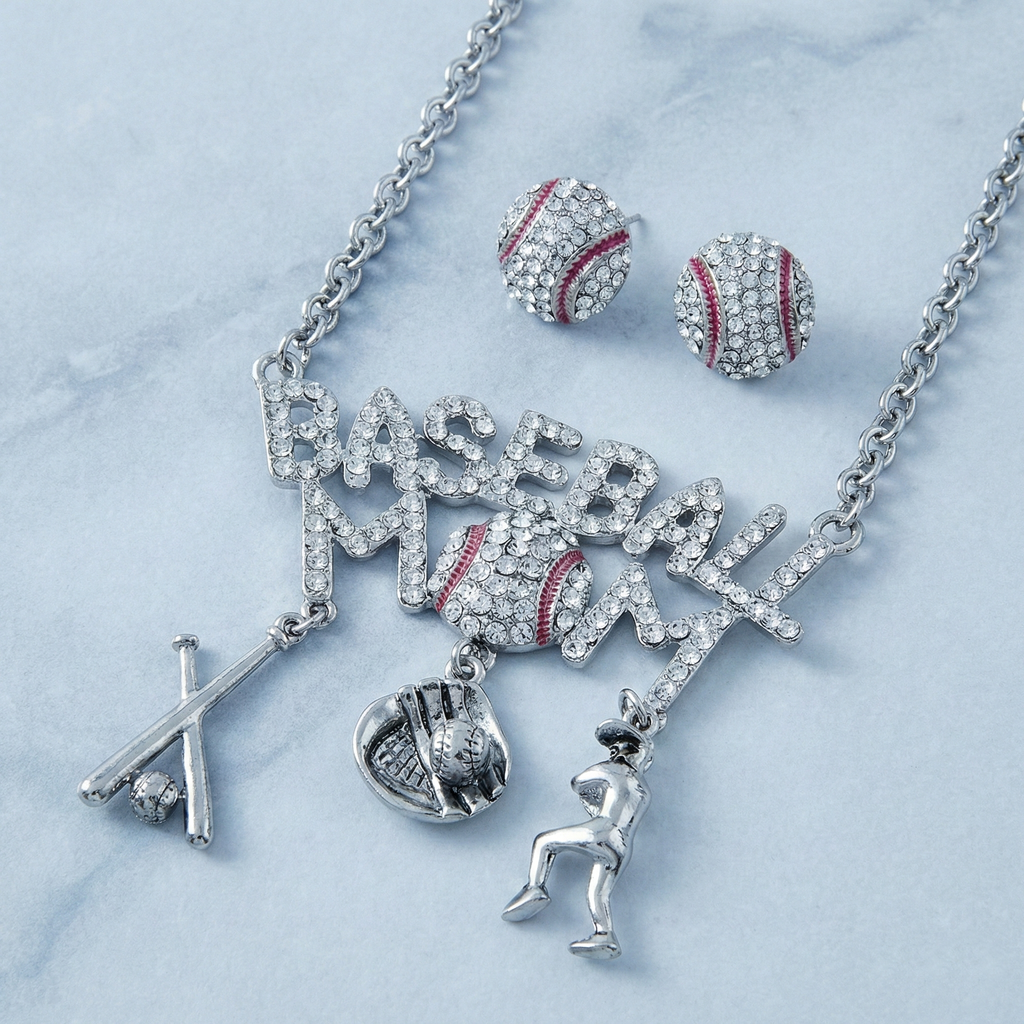 Jewelry set with 'Baseball Mom' necklace, earrings, and charms on a light blue background