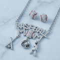 Jewelry set with 'Baseball Mom' necklace, earrings, and charms on a light blue background
