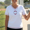 Woman wearing Baseball Mom Short Sleeve V-Neck White Tee at the local ballpark