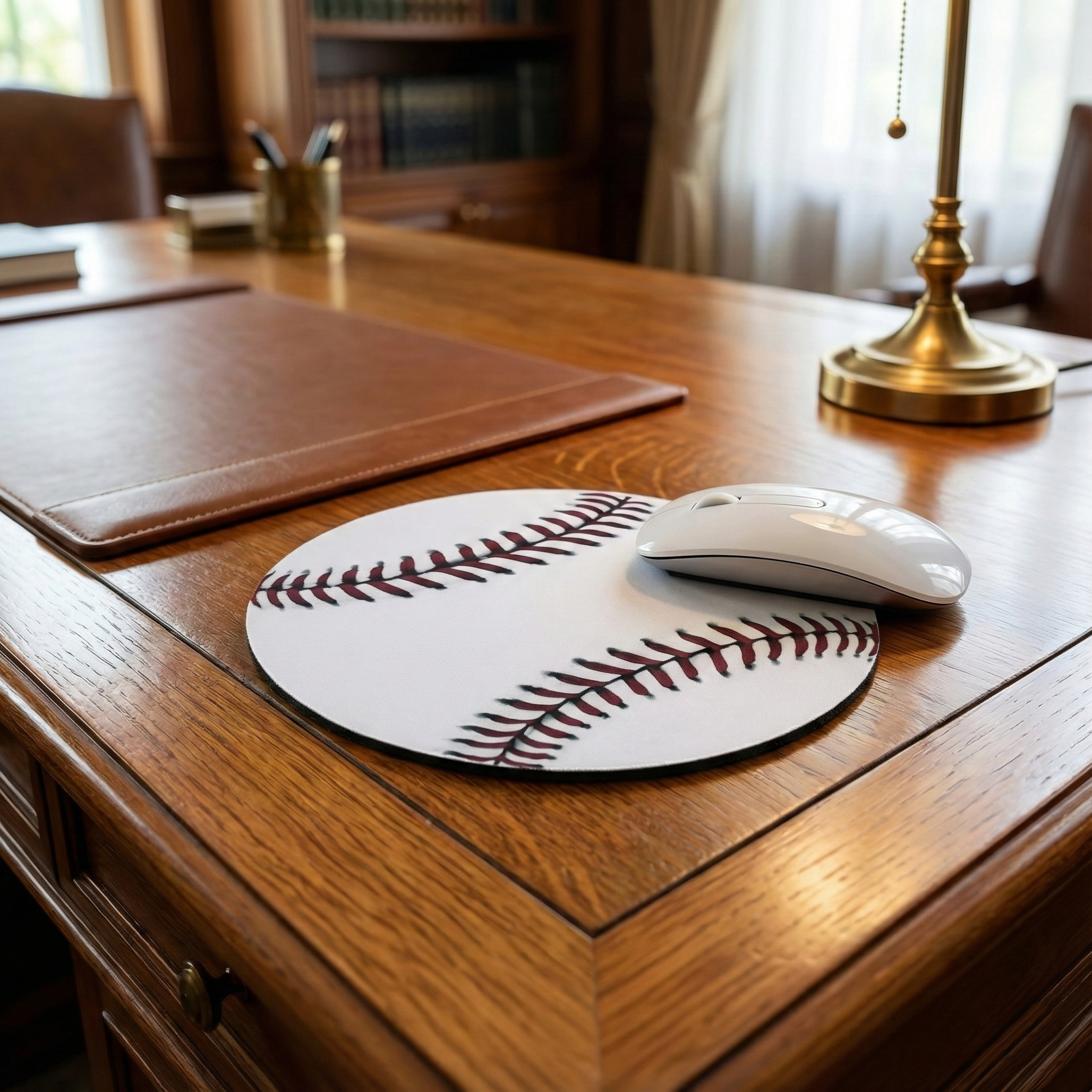Baseball-themed mouse pad on a wooden desk with a mouse.