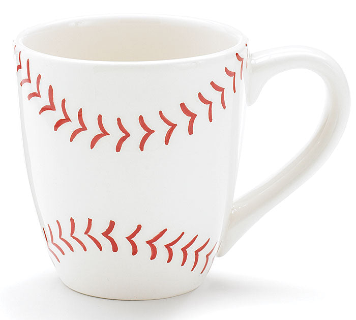 White mug with red baseball stitching pattern on a white background