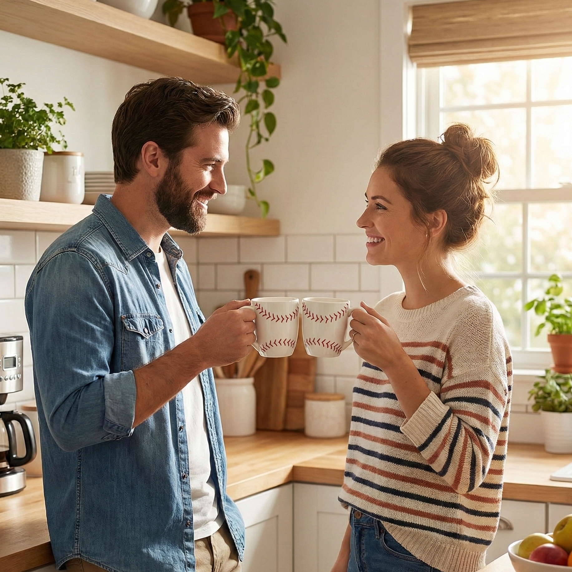 Man and woman holding baseball coffee mugs in a kitchen
