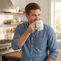 Man in a kitchen holding a coffee mug with a baseball design
